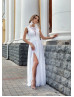 White Beaded Lace Chiffon High Slit Boho Beach Wedding Dress